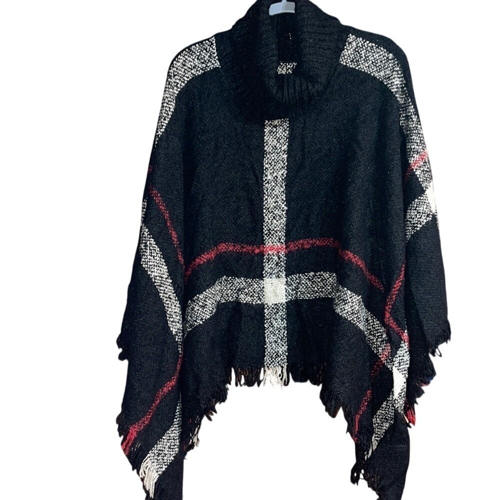 Unbranded Plaid‎ Poncho Woven Black Red White OS Cowl Neck Fringe Boho Western
